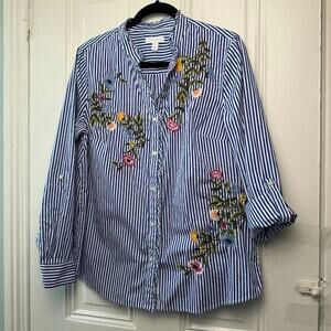 Embroidered Floral Shirt Womens 12 Button Up Prep Spring Easter Mandarin Collar